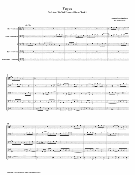 Fugue 05 From Well Tempered Clavier Book 2 Trombone Quintet Sheet Music