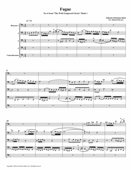 Fugue 06 From Well Tempered Clavier Book 1 Bassoon Quintet Sheet Music