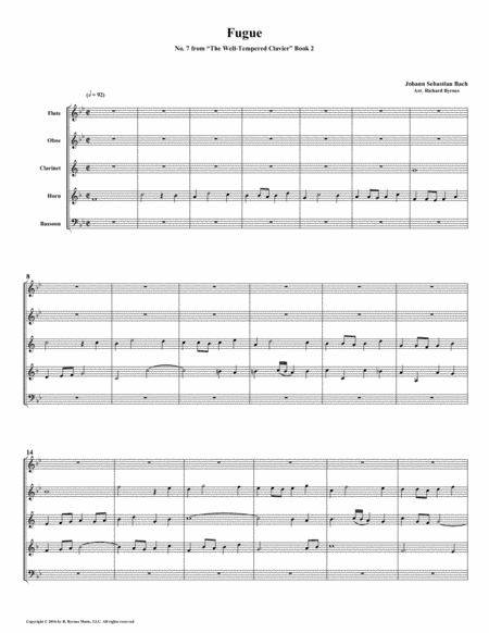 Fugue 07 From Well Tempered Clavier Book 2 Woodwind Quintet Sheet Music