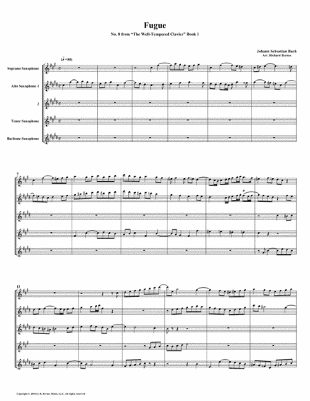 Fugue 08 From Well Tempered Clavier Book 1 Saxophone Quintet Sheet Music