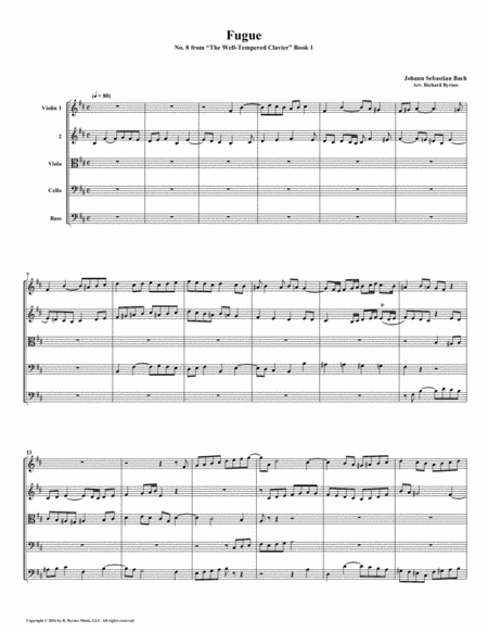 Fugue 08 From Well Tempered Clavier Book 1 String Quintet Sheet Music