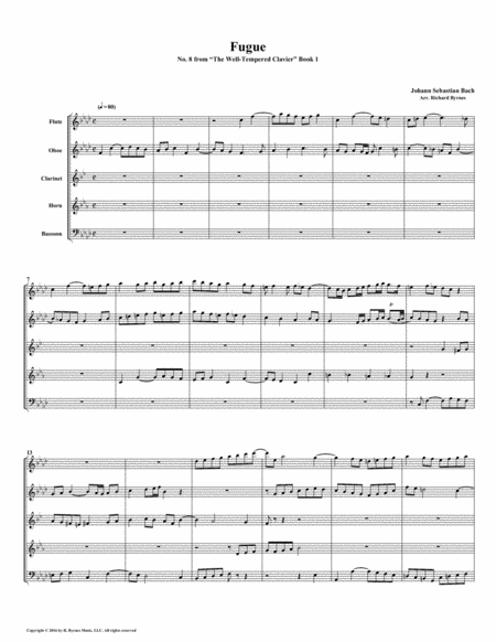 Fugue 08 From Well Tempered Clavier Book 1 Woodwind Quintet Sheet Music