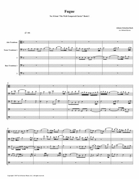 Fugue 08 From Well Tempered Clavier Book 2 Trombone Quintet Sheet Music