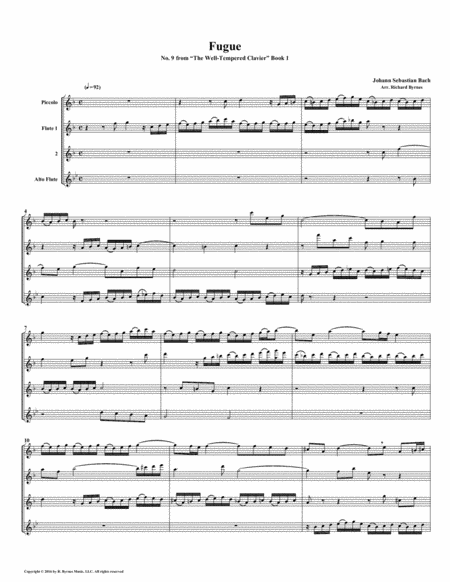 Fugue 09 From Well Tempered Clavier Book 1 Flute Quartet Sheet Music