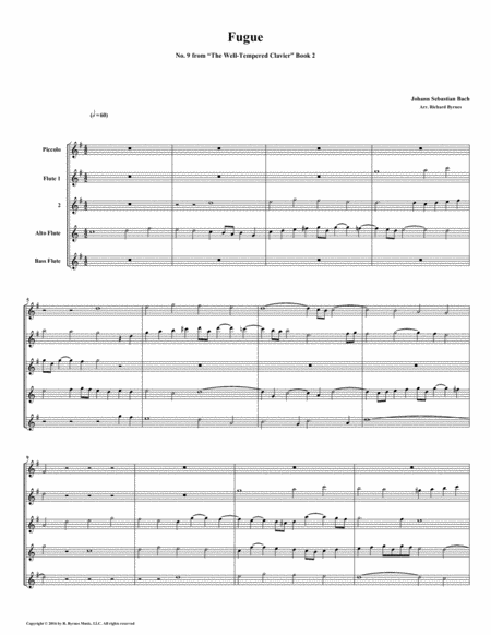 Fugue 09 From Well Tempered Clavier Book 2 Flute Quintet Sheet Music