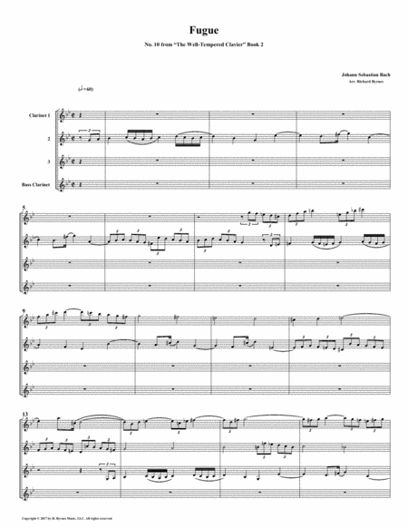 Fugue 10 From Well Tempered Clavier Book 2 Clarinet Quartet Sheet Music