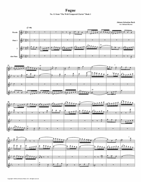 Fugue 11 From Well Tempered Clavier Book 1 Flute Quartet Sheet Music