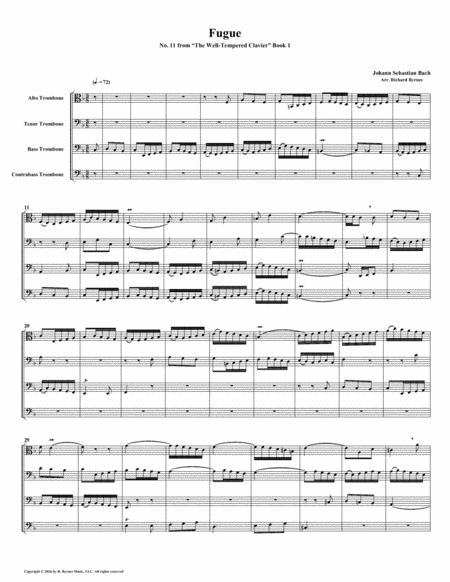 Fugue 11 From Well Tempered Clavier Book 1 Trombone Quartet Sheet Music