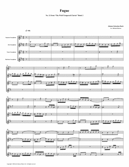 Fugue 12 From Well Tempered Clavier Book 2 Saxophone Quartet Sheet Music