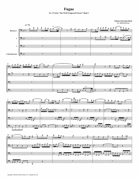 Fugue 13 From Well Tempered Clavier Book 1 Bassoon Quartet Sheet Music