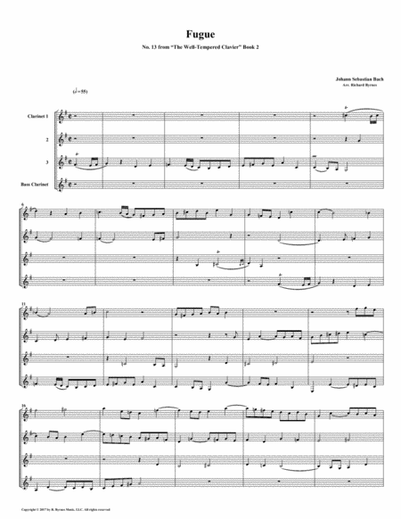 Fugue 13 From Well Tempered Clavier Book 2 Clarinet Quartet Sheet Music