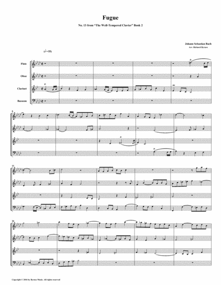 Free Sheet Music Fugue 13 From Well Tempered Clavier Book 2 Woodwind Quartet