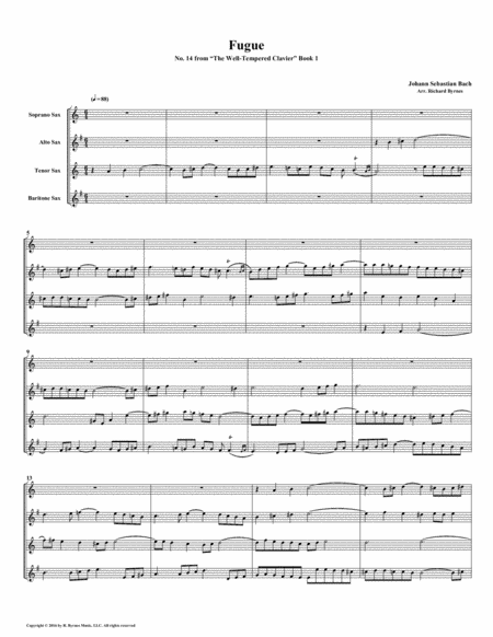 Free Sheet Music Fugue 14 From Well Tempered Clavier Book 1 Saxophone Quartet
