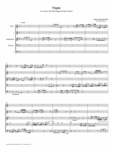 Fugue 16 From Well Tempered Clavier Book 1 Double Reed Quintet Sheet Music