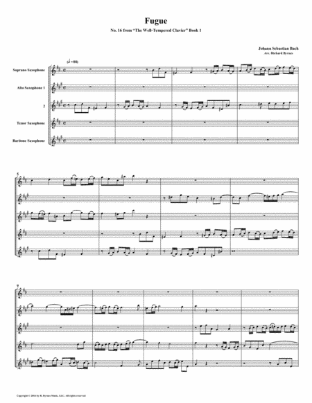 Fugue 16 From Well Tempered Clavier Book 1 Saxophone Quintet Sheet Music