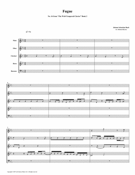 Fugue 16 From Well Tempered Clavier Book 2 Woodwind Quintet Sheet Music