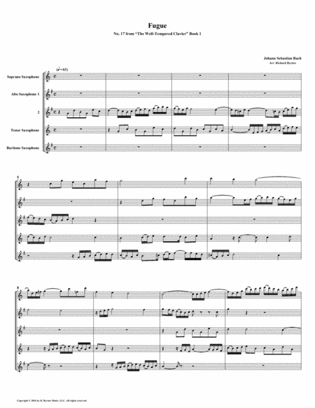 Fugue 17 From Well Tempered Clavier Book 1 Saxophone Quintet Sheet Music