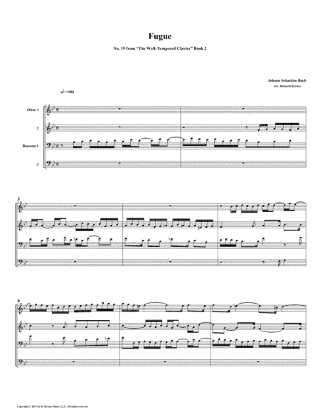 Fugue 19 From Well Tempered Clavier Book 2 Double Reed Quartet Sheet Music