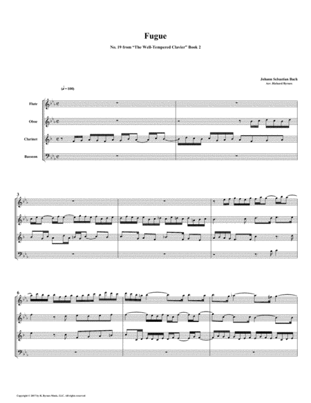 Fugue 19 From Well Tempered Clavier Book 2 Woodwind Quartet Sheet Music