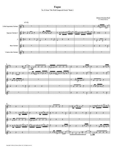 Fugue 21 From Well Tempered Clavier Book 1 Clarinet Quintet Sheet Music