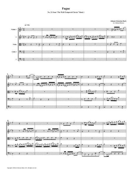 Free Sheet Music Fugue 21 From Well Tempered Clavier Book 1 String Quintet