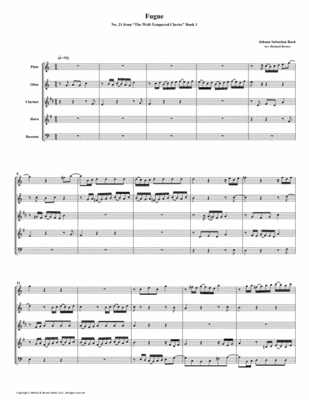 Fugue 21 From Well Tempered Clavier Book 1 Woodwind Quintet Sheet Music