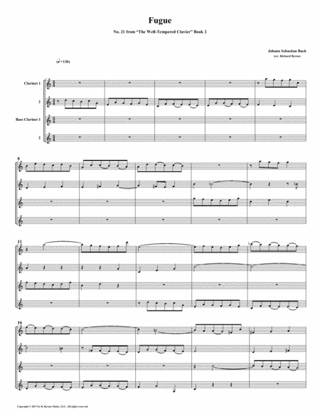 Fugue 21 From Well Tempered Clavier Book 2 Clarinet Quartet Sheet Music