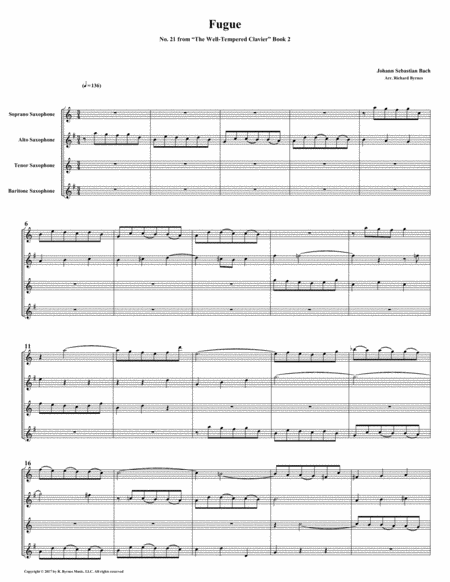 Free Sheet Music Fugue 21 From Well Tempered Clavier Book 2 Saxophone Quartet