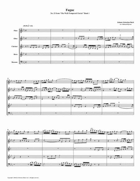 Free Sheet Music Fugue 23 From Well Tempered Clavier Book 1 Woodwind Quintet