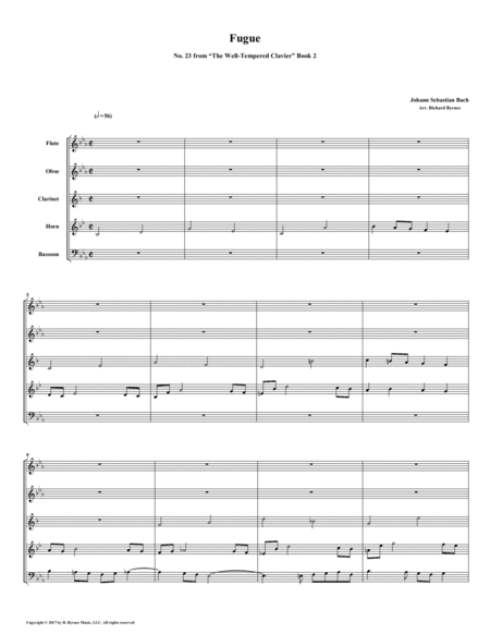 Fugue 23 From Well Tempered Clavier Book 2 Woodwind Quintet Sheet Music