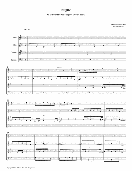 Fugue 24 From Well Tempered Clavier Book 2 Woodwind Quartet Sheet Music