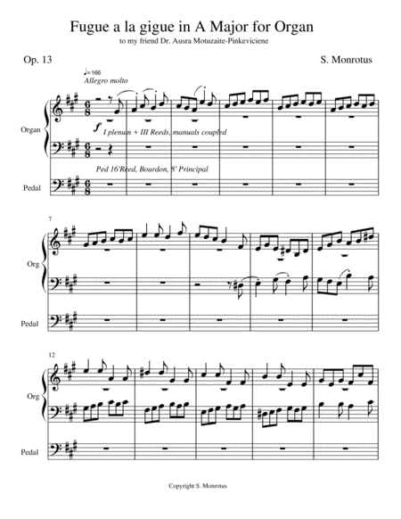 Fugue A La Gigue In A Major For Organ Op 13 Sheet Music