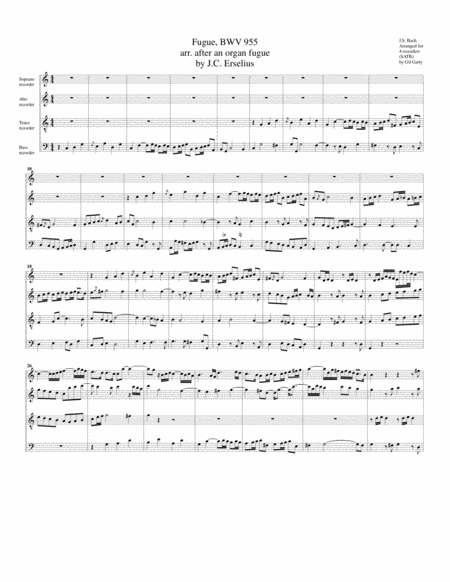 Free Sheet Music Fugue Arranged After An Organ Fugue By J C Erselius Bwv 955 Arrangement For 4 Recorders