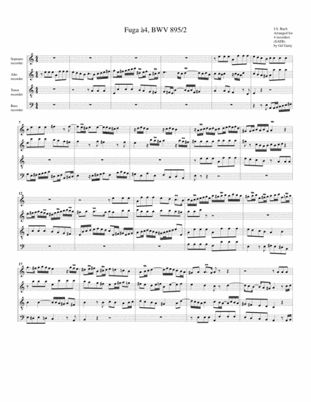 Fugue Bwv 895 Ii Arrangement For 4 Recorders Sheet Music