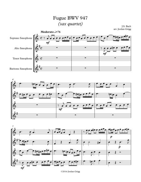 Free Sheet Music Fugue Bwv 947 Sax Quartet