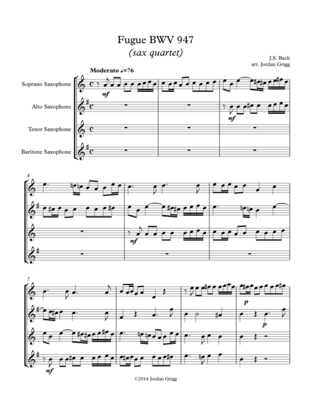 Fugue Bwv 947 Sax Quartet Sheet Music