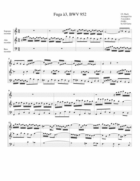 Fugue Bwv 952 Arrangement For 3 Recorders Sheet Music