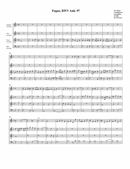 Fugue Bwv Anh 97 Arrangement For 4 Recorders Sheet Music