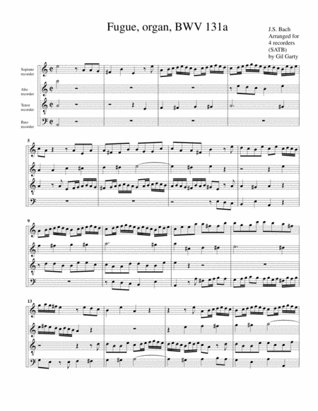 Fugue For Organ Bwv 131a Arrangement For 4 Recorders Sheet Music