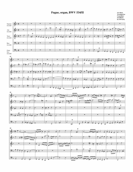 Fugue For Organ Bwv 534 Ii Arrangement For 5 Recorders Sheet Music