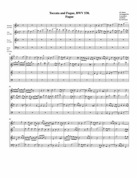 Free Sheet Music Fugue For Organ Bwv 538 Ii Arrangement For 4 Recorders