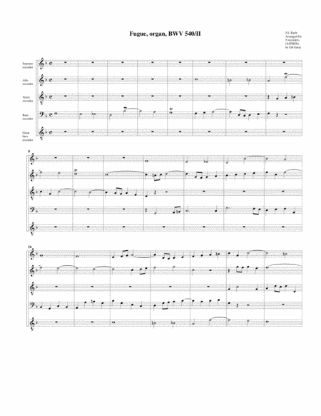 Fugue For Organ Bwv 540 Ii Arrangement For 5 Recorders Sheet Music