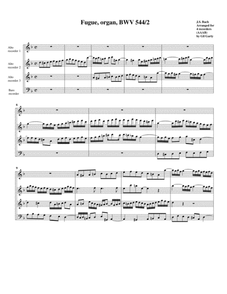 Fugue For Organ Bwv 544 Ii Arrangement For 4 Recorders Sheet Music