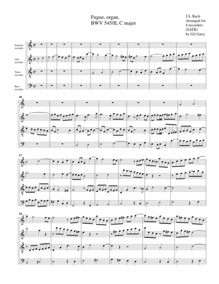 Fugue For Organ Bwv 545 Ii Arrangement For 4 Recorders Sheet Music