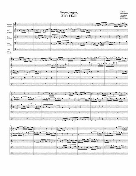 Fugue For Organ Bwv 547 Ii Arrangement For 5 Recorders Sheet Music