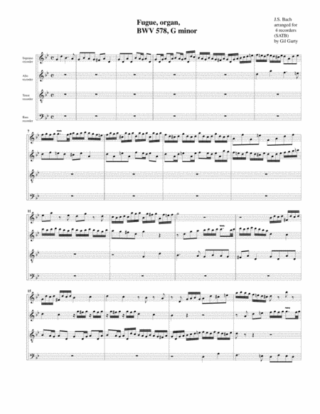 Fugue For Organ Bwv 578 Arrangement For 4 Recorders Sheet Music