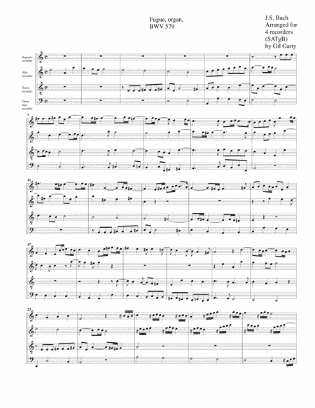 Fugue For Organ Bwv 579 Arrangement For 4 Recorders Sheet Music