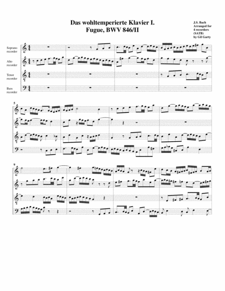 Fugue From Das Wohltemperierte Klavier I Bwv 846 Ii Arrangement For 4 Recorders Sheet Music