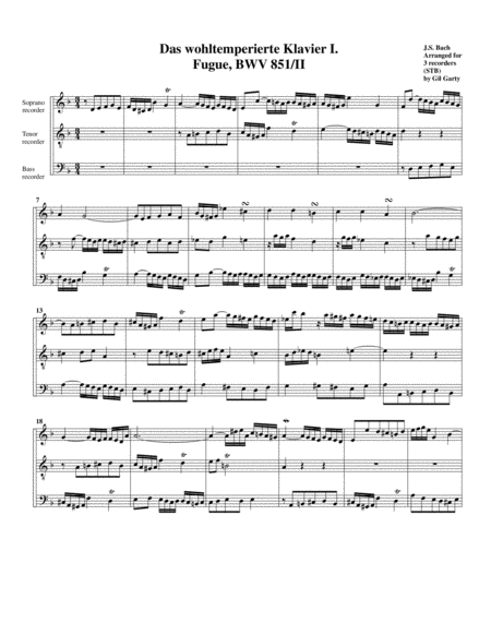 Fugue From Das Wohltemperierte Klavier I Bwv 851 Ii Arrangement For 3 Recorders Sheet Music