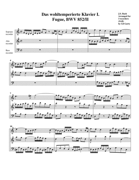 Fugue From Das Wohltemperierte Klavier I Bwv 852 Ii Arrangement For 3 Recorders Sheet Music